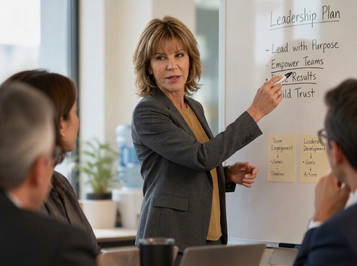 Holly Johnson facilitating a leadership planning session at a whiteboard