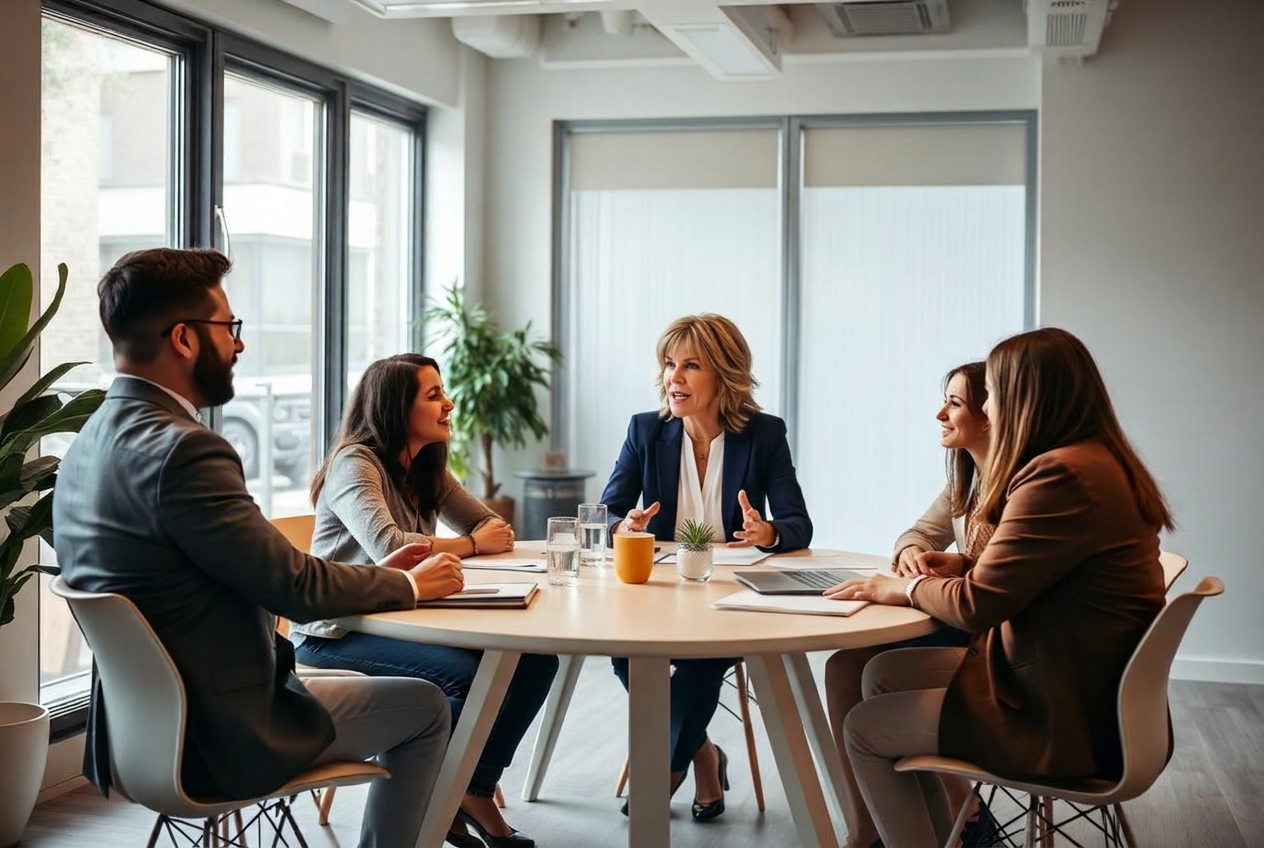 A small team in candid conversation around a table