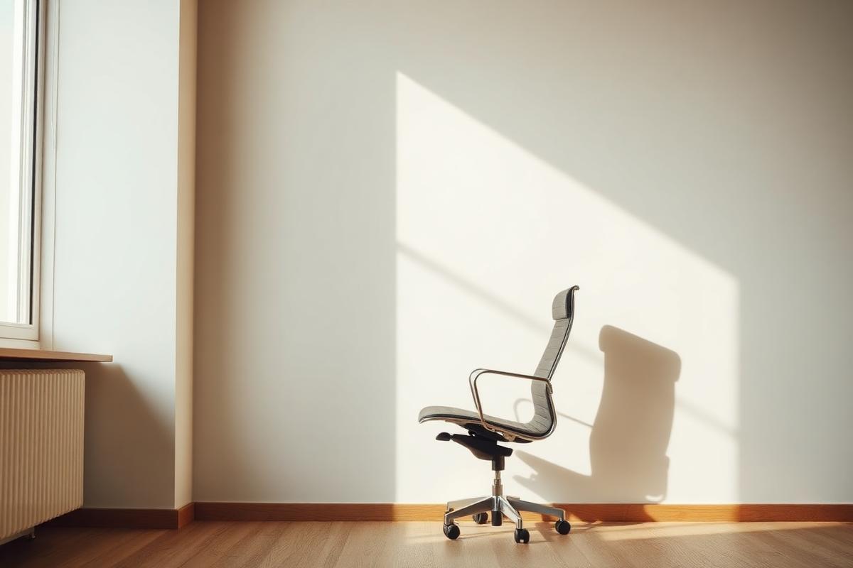 An empty office chair beside a sunlit window