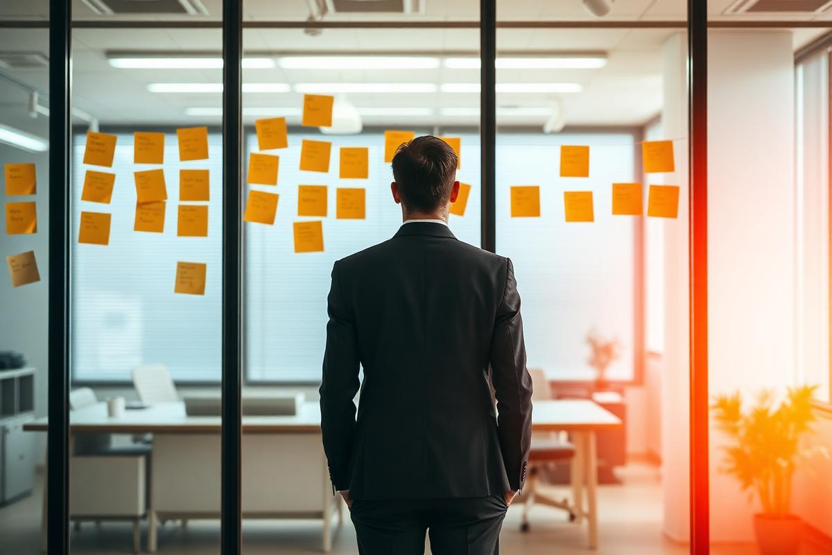 A leader standing before a wall of sticky notes