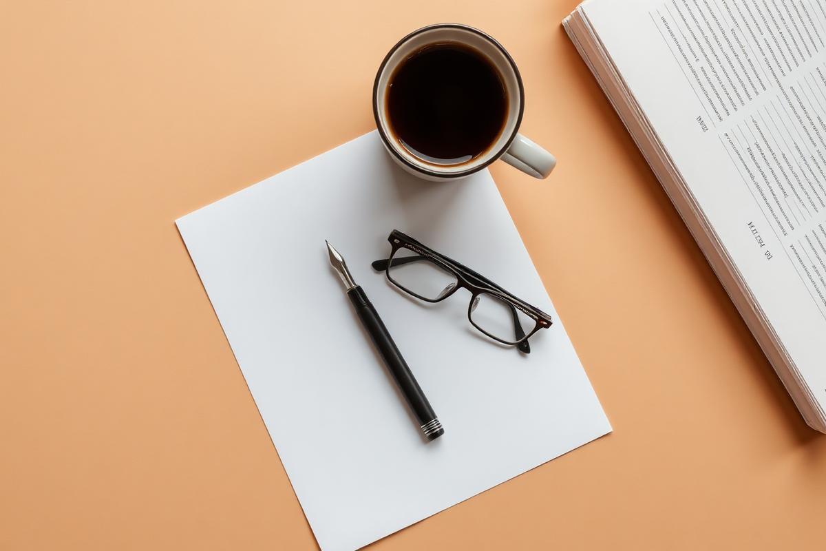 A blank sheet of paper, pen and glasses on a desk